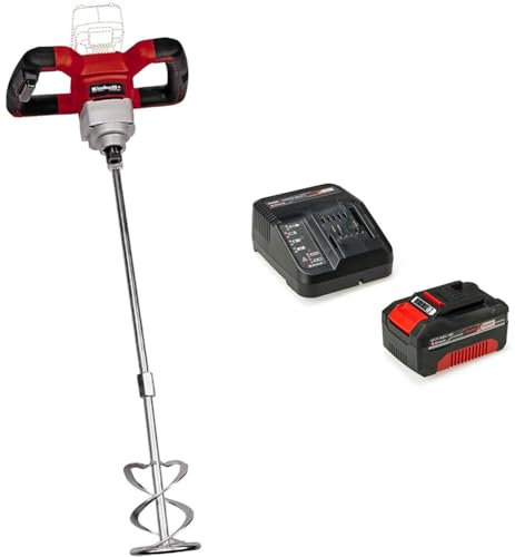 Einhell Mélangeur pour peinture et mortier sans fil TE-MX 18 Li-Solo (variateur électr. permettant d’adapter le fonctionnement aux différents matériaux/utilisations) avec Chargeur et Batterie 4,0Ah