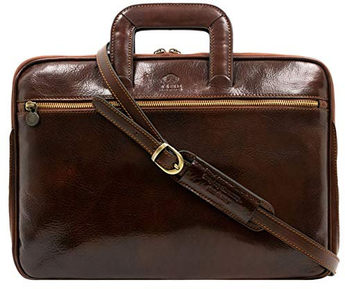 Time Resistance Maletín de Cuero Fino - Bolso de Cuero Italiano Hecho a Mano para Computadora - Bolso para Computadora Portátil (Marrón)