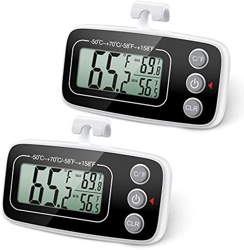 Brifit Kühlschrank Thermometer, Wasserdicht Gefrierschrank Thermometer, Kühlschrankthermometer Digital, Zimmerthermometer mit Haken, LCD Display lesen, Max Min Rekord Funktion (Schwarz, 2Pack)