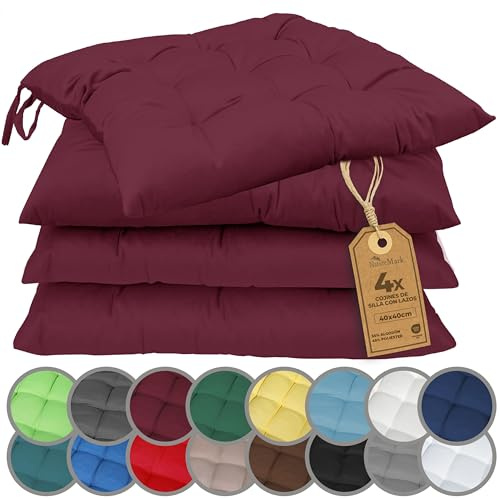 NatureMark Lot de 4 Galettes de Chaises avec Rubans 40x40 cm – Coussin de Chaise Épais pour Intérieur & Jardin – Couleur Bordeaux Rouge