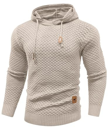 HYPESTFIT Men's 3D Fish Scale Form Fitting Muscle Knit Sweater Drawstring Hooded Sweatshirt Khaki