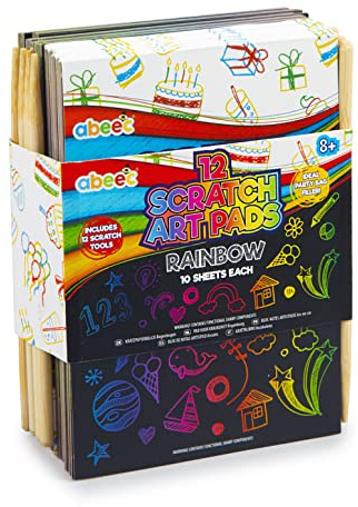 abeec 12 Pack Of Rainbow Scratch Art Pads – Includes Mini and Tools Party Bag Fillers For Kids 8+