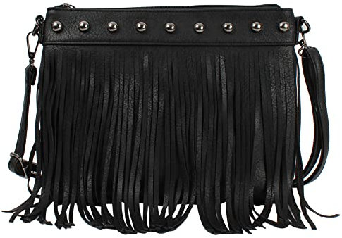 MEGAUK Umhängetasche mit Fransen Nieten Damen Schultertasche Fransentasche aus Kunstwildleder (06926 Schwarz)