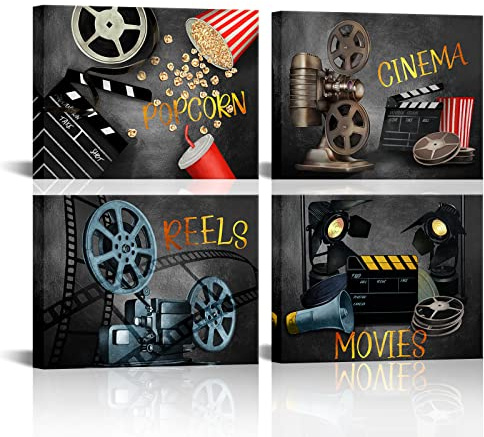 LyerArtork Vintage Movie Theater Wall Decor Set Filmmaking Clapper Board Popcorn painting Posters Film Reels Picture Prints for Modern Home Theater Room Cinema Decoration 12x16inchx4pcs