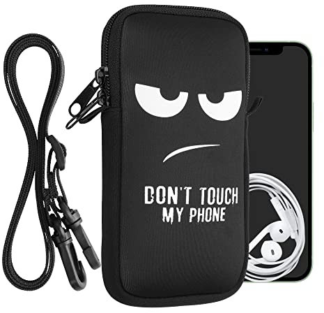 kwmobile Handytasche für Smartphones XXL - 7 - Neopren Handy Hülle Weiß Schwarz - Handy Tasche mit Kette 17,7 x 8,5 cm Innenmaße - Don't Touch My Phone