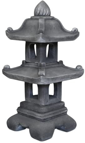 gartendekoparadies.de Zweistöckige japanische Steinpagode Steinlaterne, H. 65 cm, 29 kg, Grau, frostsicher aus Steinguss für Außenbereich