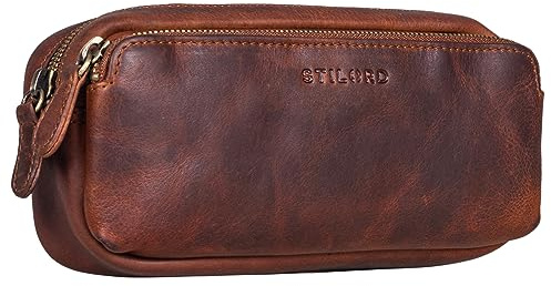 STILORD Melissa Federmäppchen Leder Groß Vintage mit Reißverschluss Stiftemappe Großes Etui Schule Uni Echtleder Kosmetiktasche für Damen und Herren Farbe:Kara - Cognac