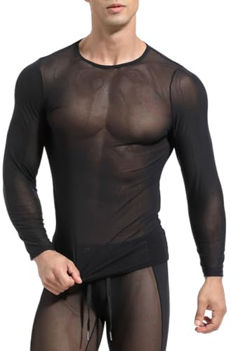 Män som ser igenom långärmad transparent mesh-tröja sexig genomskinlig klubbkläder toppar