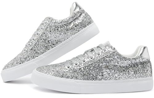 Jeekopeg Glitter Sparkly Fashion Sneakers Shoes Shiny Casual Shoes Bling Sequin Concert Low Cut Lace up Shoes(Silver Glitter,8 Women/6.5 Men)