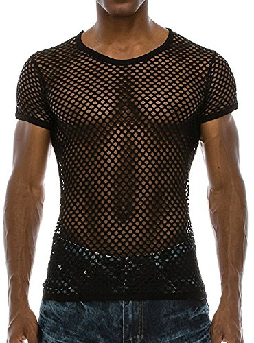 T-Shirts à Manches Courtes Hommes Résille, Haut Sexy Homme Grande Taille,Top Homme Creux Transparent pour Discothèque Bal Tuniques Coupe Ajustée Moulant Maille Chic Bodybuilding Élastique Tee Shirts