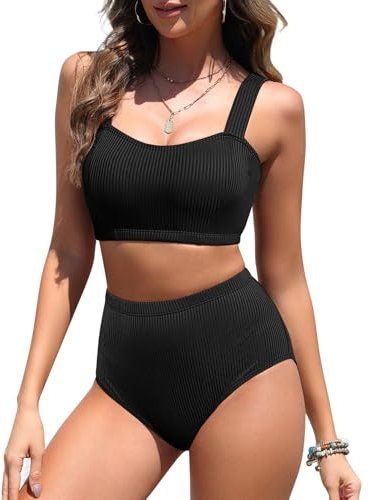 Tuopuda Bikini Damen Set Zweiteiliger Badeanzug High Waist Push Up Bikini-Oberteil Gerippte Zweiteiler Bademode Swimsuit Badebekleidung, Schwarz, XL