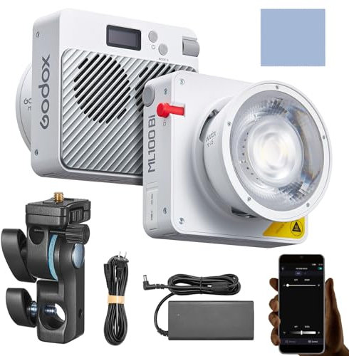 Godox ML100Bi Lampe Vidéo LED Poche 120 W Bicolore,2800K-6500K,CRI97+,TLCI98+, APP Télécommande,11 Effets D'éclairage, Support Godox avec Réflecteur D'objectif 15° Support Flexible