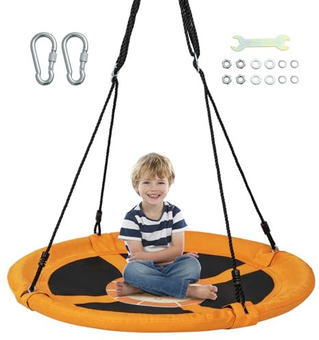 GYMAX Altalena a Nido, Altalena da 102 cm con Molteplici Opzioni di Sospensione, Tessuto in Oxford Resistente, Altalena Rotonda per Esterni con Corde Regolabili per Parco Giochi e Giardino (Giallo)