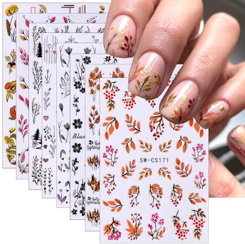 Kabwea 8 Hojas 3D de Otoño Pegatinas Autoadhesivas para Uñas