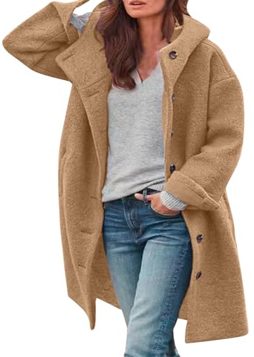 Oyuchga Trench Coat Manteau long en laine pour femme avec capuche Élégant Couleur unie Veste de transition Manteau d'hiver Confortable Chaud Longline Veste d'hiver matelassée décontractée Veste à