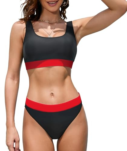iSLASISIA Maillot de Bain Femme 2 Pieces Bikini Sport Femme 2 Pieces Taille Haute Ensemble Maillots Deux pièces Femme Push Up Rembourré（Noir et Rouge,EU42）