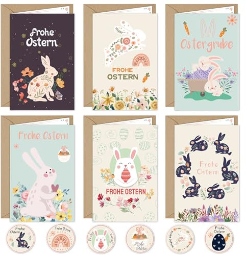 Hangsky Oster karten mit Umschlag 12er-Set, Osterkarten Aufklappbar mit Aufkleber Umschlag, Osterkarten Set, Osterkarten mit Niedlichem Hasen und Ostereiern, 6 Unterschiedliche Motive je 2 Stück