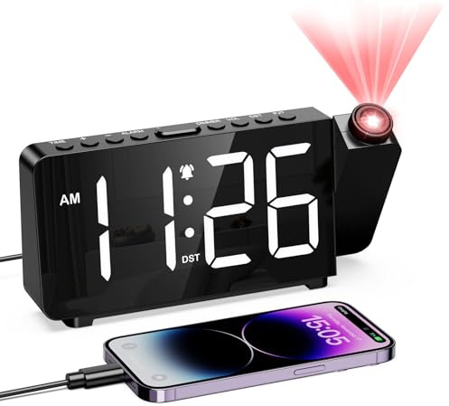 LOFICOPER Projection Alarm Clock for Bedroom, Digital Alarm Clock with 180° Rotatable Projector, 7.4'' Large LED Display, Adjustable Brightness & Volume, for Seniors Teens Heavy Sleepers