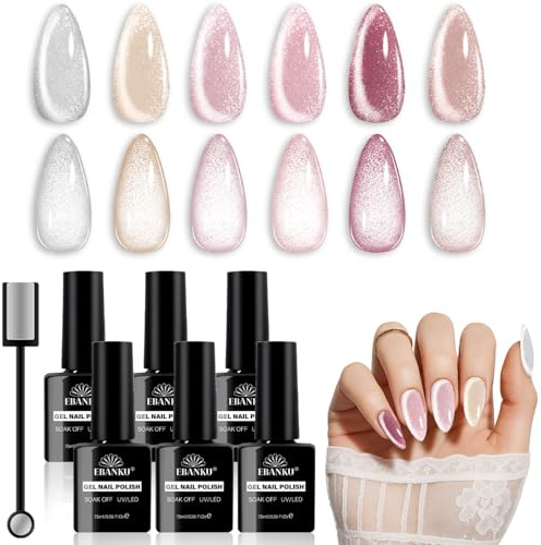 EBANKU Esmaltes Semipermanentes para Uñas en Gel, 6 Colores Kit Pintauñas Semipermanentes Uñas de Gel UV LED en Gel Nail Polish, Holographic Rosa Cat Eye con imanes