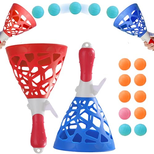 LUKIUP Juego de pelota de pesca para niños al aire libre, con dos colores – 2 vasos y 10 bolas, juego de pelota para atrapar la pelota, juego de lanzamiento para niños, actividades de juego al aire