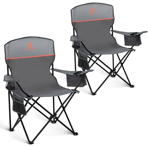 ALPHA CAMP Set of 2 Folding Camping Chairs Lightweight Picnic Chair with Cooler Bag and Cup Holder Outdoor Folding Chair 120kg Capacity Portable Chairs for Garden Fishing Beach Travel, Gray