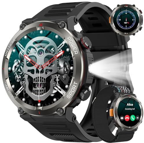 Reloj Inteligente Hombre, 1.45 Smartwatch Hombre con Linterna y Brújula, Smartwatch con Llamadas Bluetooth, 120+ Modos Deportivos, 2 Correas, IP68 Impermeable Reloj Inteligente para Android iOS