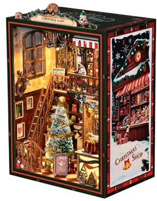 BATTREVO DIY Book Nook-Negozio di Natale - Set di Giocattoli da Costruire con Carillon e Luce LED, Kit Angolo Libri per Adulti, Puzzle in Legno, Casa delle Bambole in Miniatura, Decorazione Libreria