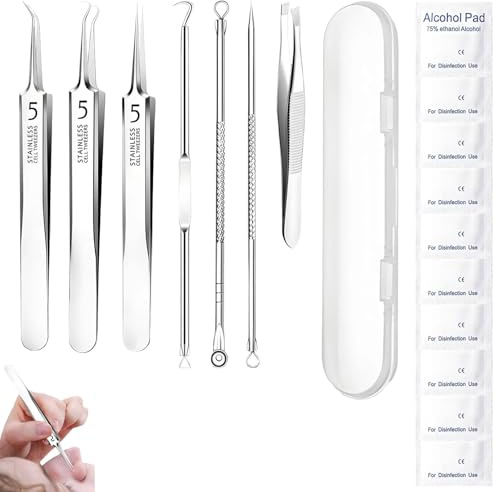 7 Pièces Extracteur Point Noir, Blackhead Remover Outil, Pimple Extractor, dissolvant de Points Noirs, avec 10 Morceaux de Coton Imbibés d'alcool, pour Comédons et Imperfections
