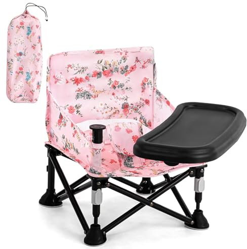 LADIDA Booster Seat for Toddlers with Removable Tray, Portable Foldable Baby High Chair for Kitchen & Dining Chairs, Suitable 6-36 Months Indoor & Outdoor (Pink Floral) 306