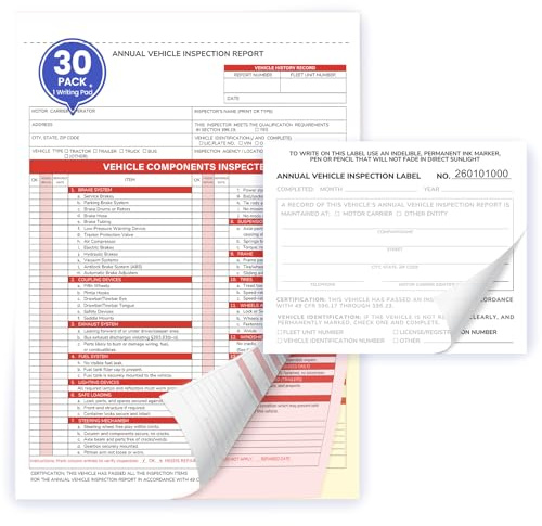 Annual Vehicle Inspection Record Kit – 3-Part NCR Report Book (30 Sets) + White Adhesive Record Labels (30) – for Trucks & Fleet Recordkeeping | Supports 49 CFR §396.17