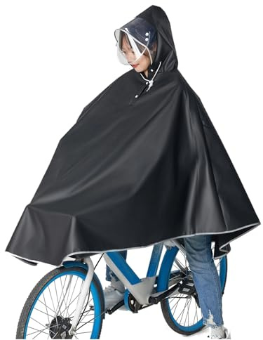 JMORCO Chubasquero Poncho de lluvia for bicicleta, impermeable, ligero, reutilizable, con capucha y rayas reflectantes for mujer hombre, ideal for motociclismo(Black)