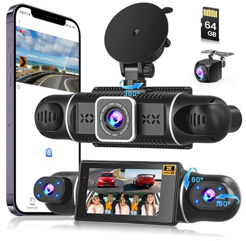 Hikity 2K 360° bilkamera för bil med 64G SD-kort, 4-kanals 3-tums IPS-skärm Dash Cam, Dash Cam 2K 1080P x 3 G-sensor, loopinspelning, 24 parkeringsövervakning, mörkerseende