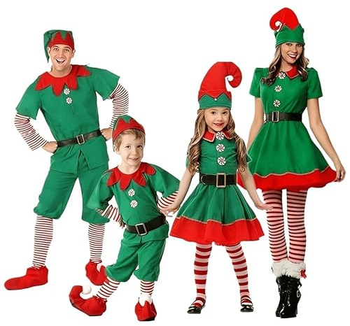 Genérico Ropa Navidad Familia Conjunto Traje de Elfo Navideño Hombre Mujer Disfraz Elfo de Navidad Niña Niño Fieste Vestido Familia Adulto Niño Disfraces con Gorro Cinturón y Medias