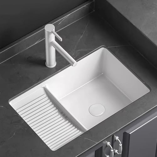 Pila Lavadero con Tabla de Lavar, Lavabo Bajo Encimera, Lavabo Baño de Cerámica, con Grifo Extraíble y Accesorios Desagüe, Ideal para Lavaderos, Balcones y Baños(57x38cm/22.4x15in)