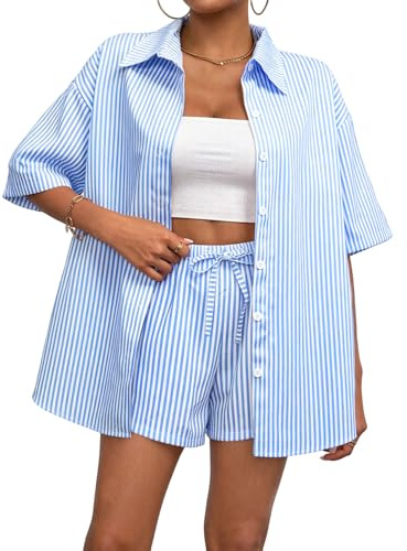 Rayson Conjunto de Mujer Dos Piezas a Rayas Verano Conjuntos Camisa Corto Oversize y Shorts de Cordón Completo Chandal para Casual Playa Trabajo
