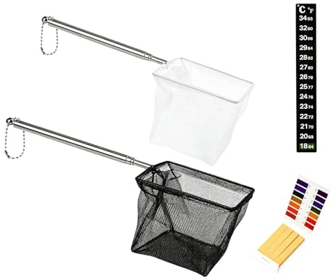 JOVYTH 4 Pezzi Set Retino per Acquario, Manico Telescopico in Acciaio Inox, Rete a Maglia Fine per Pesci Piccoli e Pulizia, Nero & Bianco