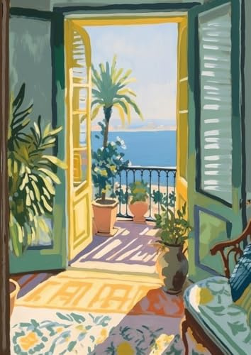 1 St Öppet Fönster Tryck Stil Fauvism Målning Hav Apelsinträd Kustnära Utsikt Canvas Affisch