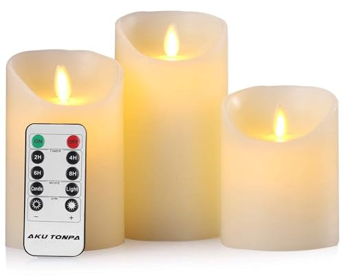 Bougies à LED Lot de 3 bougies LED sans flamme à piles en cire véritable avec mèche mobile et télécommande - Minuterie de 24 heures (P x H : 8,3 x 10/12,7/15,2 cm)