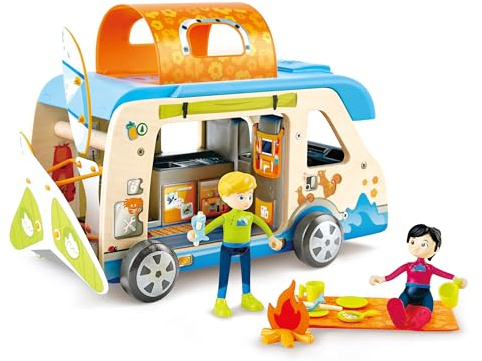 Hape Adventure Van| 23-Piece Wooden Pretend Play Camper Van Toy Set with Camping Accessories