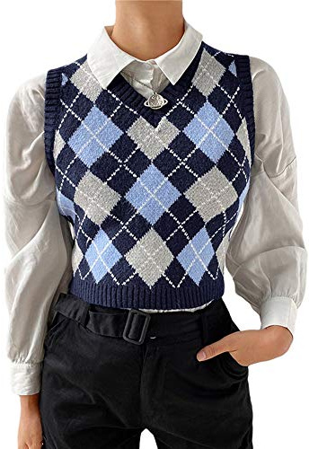 L&ieserram Débardeur Court en Tricot pour Femme Col en V Motif à Carreaux Argyle sans Manches Style Preppy pour l’Automne (Carreaux Bleu, L)