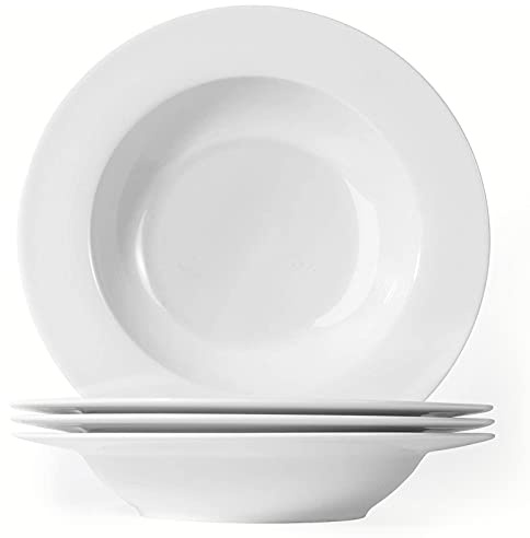 Artena 8 Ounces Pasta Bowls Set of 4, 8.5 inch Soup Bowls, Advanced Porcelain Salad Bowl, Wide Rim Pasta Plates, Shallow Bowls for Kitchen, Rimmed White Plates and Bowls Set, Microwave Oven Safe