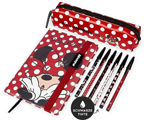 Disney Pencil Case and Stationery Set Eeyore Winnie The Pooh The Mandalorian Minnie Mouse Mickey Mouse Notebook and Pen Set School Supplies Work Office Baby Yoda Gifts (Red Minnie)