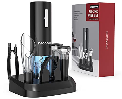 Moocoo Electric Wine Opener with Charging Base, Cordless Electric Wine Bottle Opener with 2-in-1 Aerator &Pourer, Foil Cutter, 2 Vacuum Preservation Stoppers, Display Charging Station for Easy Storage