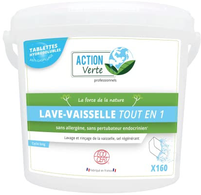 ACTION VERTE - Pastilles Lave-vaisselle Tout-en-Un - Lavage + Rinçage + Sel Régénérant - 100% Ingrédients d'Origine Naturelle - Certifiées Ecocert - Fabrication Française - 160 Tablettes