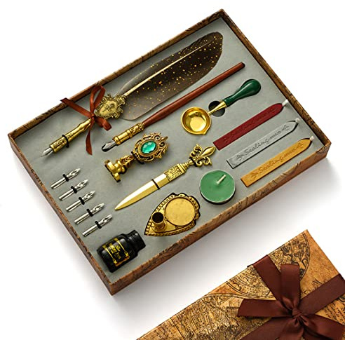 Joyeee Lot de 16 stylos et encre avec sceau de cire, coffret cadeau rétro, amateurs d'écriture à la main et amateurs de calligraphie, cadeau de vacances et d'anniversaire #80