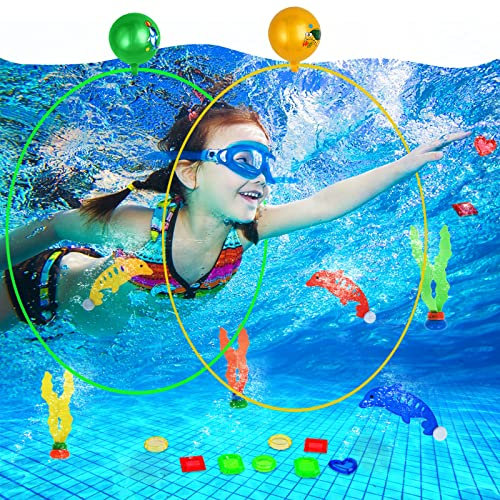 faburo 20Pcs Jouets de Plongée inclure Anneaux de Plongée * 2, Diamant de plongée * 10, Dauphin * 3, Algues * 3, Sac de Rangement * 1, Pompe * 1, Jouets de plongée pour Piscine d'été pour Enfants