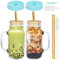 ZgoEC 24oz Bubble Tea Becher mit Deckel und Strohhalm, Mason Jar Trinkglas 2er Set, Trinkgläser mit Bambusdeckel, Einmachgläser mit Henkel, Bubble Tea Gläser Glasbecher für Kaffee Smoothie Saft