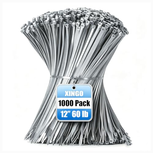 XINGO Silver Cable Ties Pack of 1000, 300mm x 4.8mm, Premium Nylon Durable Zip Ties, Self-Locking UV Resistant Nylon Plastic Wire Ties for Indoor and Outdoor