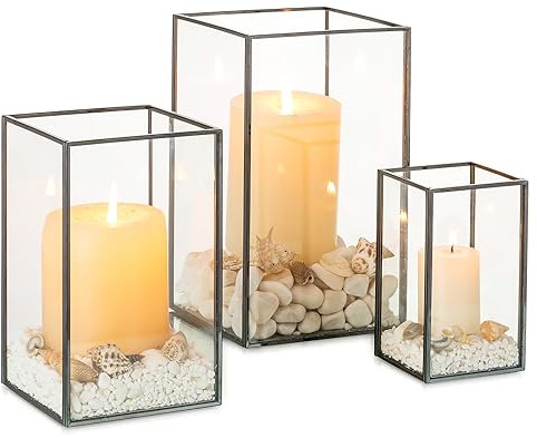 NUPTIO Negro Huracán Linterna Vidrio: Conjunto 3 Cuadrados Pilar Titular La Vela Vidrio Templado Al Aire Libre Chimenea Interior La Vida Comedor Mantel Navidad Centros Mesa La Boda Ornamento