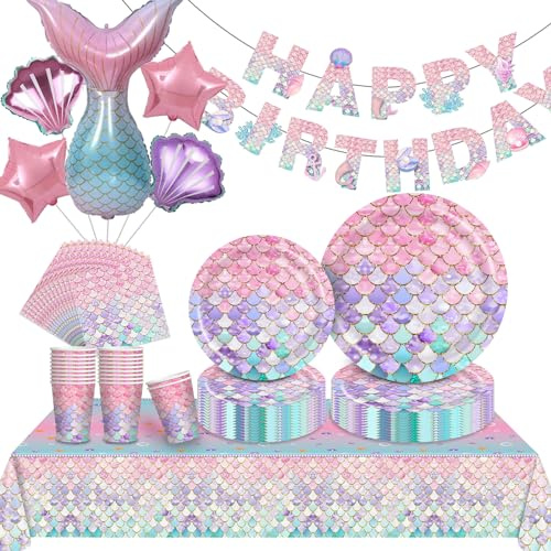 Ensemble de Vaisselle de Fête Sirène - 94 pièces Kit Anniversaire Sirène Assiettes Papier Tasses et serviettes, Nappe, Bannière, Ballons Décoration d'anniversaire, Decoration Anniversaire Fille